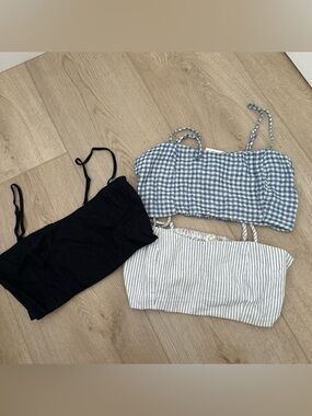 Brandy Melville Black, Blue Gingham & White Stripe Cropped Bandeau tops Trio